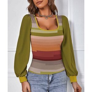 Green & Red Stripe Bishop-Sleeve Scoop Neck Top L #1888-D2